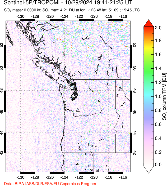 A sulfur dioxide image over Cascade Range, USA on Oct 29, 2024.