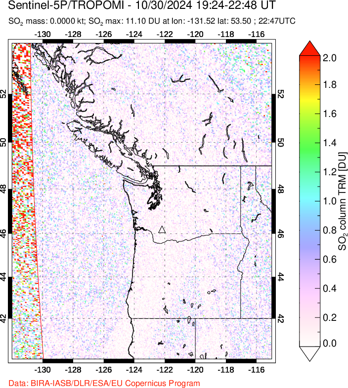 A sulfur dioxide image over Cascade Range, USA on Oct 30, 2024.