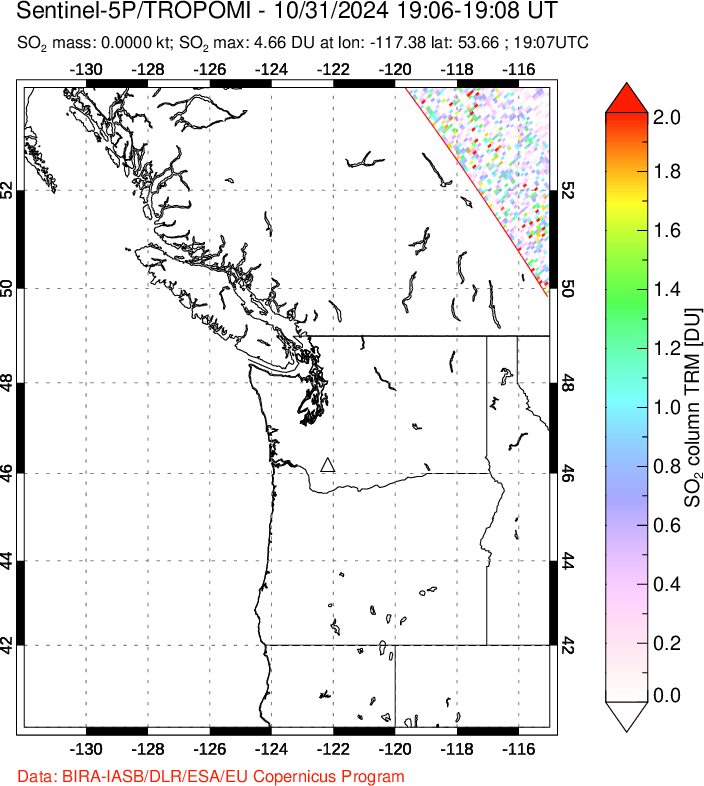 A sulfur dioxide image over Cascade Range, USA on Oct 31, 2024.