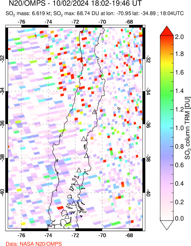 A sulfur dioxide image over Central Chile on Oct 02, 2024.