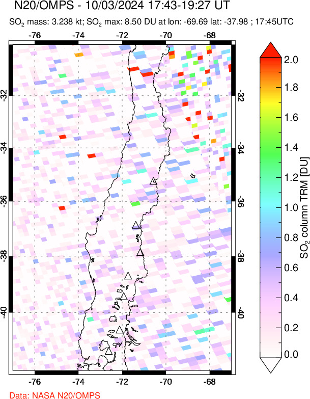 A sulfur dioxide image over Central Chile on Oct 03, 2024.