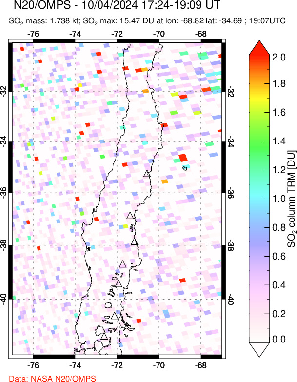 A sulfur dioxide image over Central Chile on Oct 04, 2024.