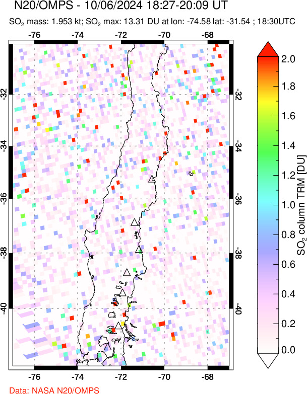 A sulfur dioxide image over Central Chile on Oct 06, 2024.