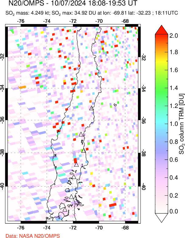 A sulfur dioxide image over Central Chile on Oct 07, 2024.