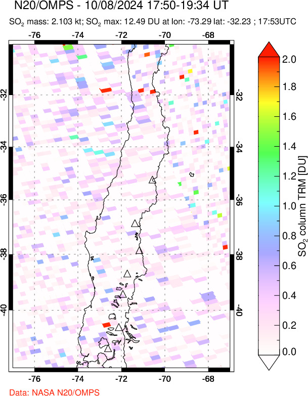 A sulfur dioxide image over Central Chile on Oct 08, 2024.