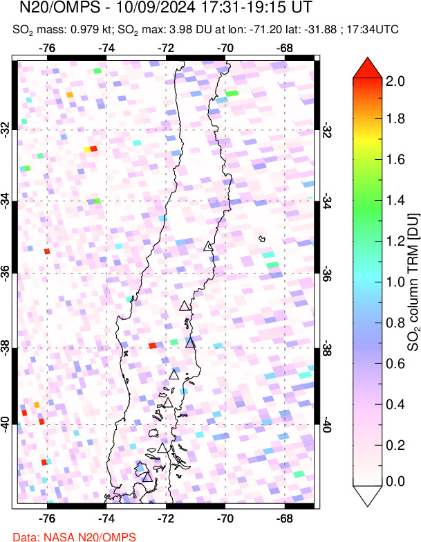 A sulfur dioxide image over Central Chile on Oct 09, 2024.