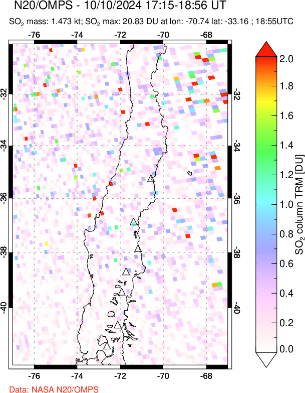 A sulfur dioxide image over Central Chile on Oct 10, 2024.