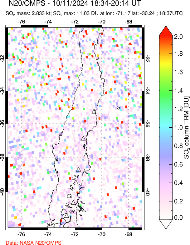 A sulfur dioxide image over Central Chile on Oct 11, 2024.