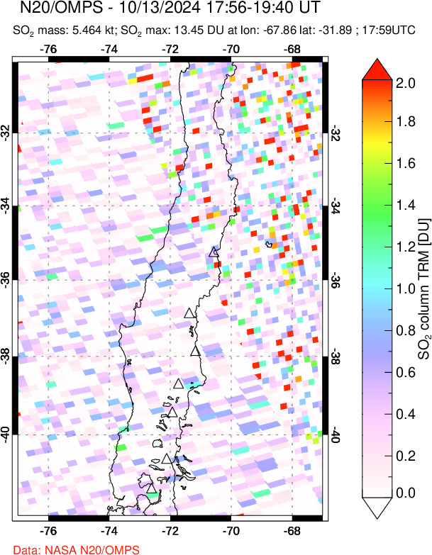 A sulfur dioxide image over Central Chile on Oct 13, 2024.