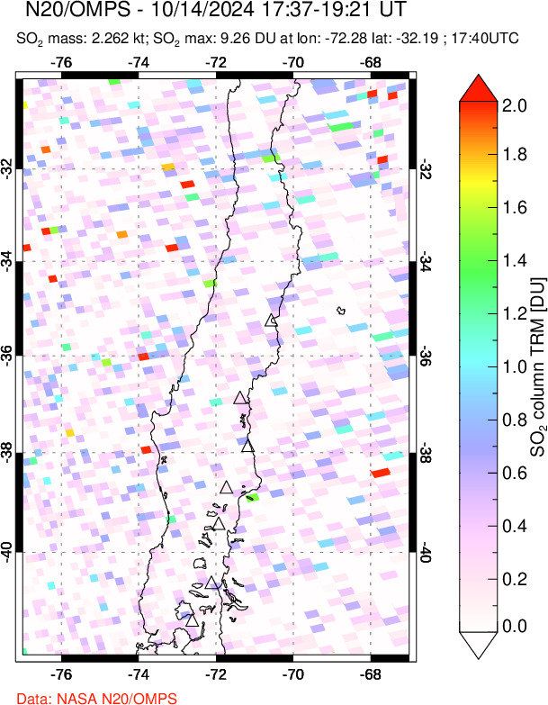 A sulfur dioxide image over Central Chile on Oct 14, 2024.