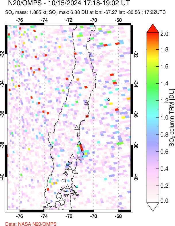 A sulfur dioxide image over Central Chile on Oct 15, 2024.