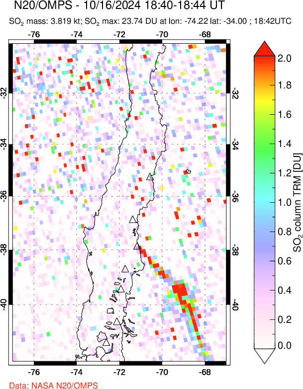 A sulfur dioxide image over Central Chile on Oct 16, 2024.