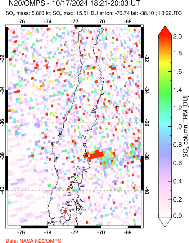 A sulfur dioxide image over Central Chile on Oct 17, 2024.