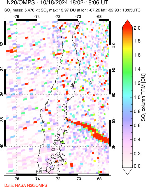 A sulfur dioxide image over Central Chile on Oct 18, 2024.