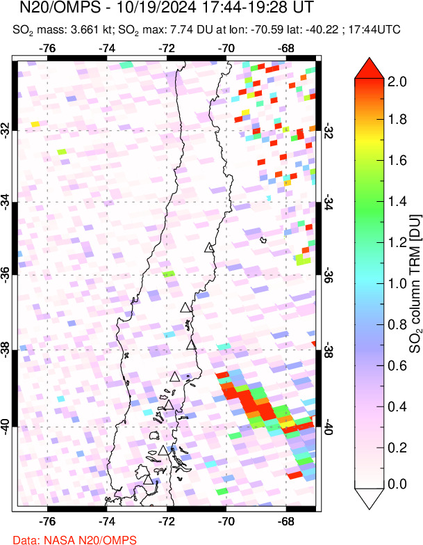 A sulfur dioxide image over Central Chile on Oct 19, 2024.