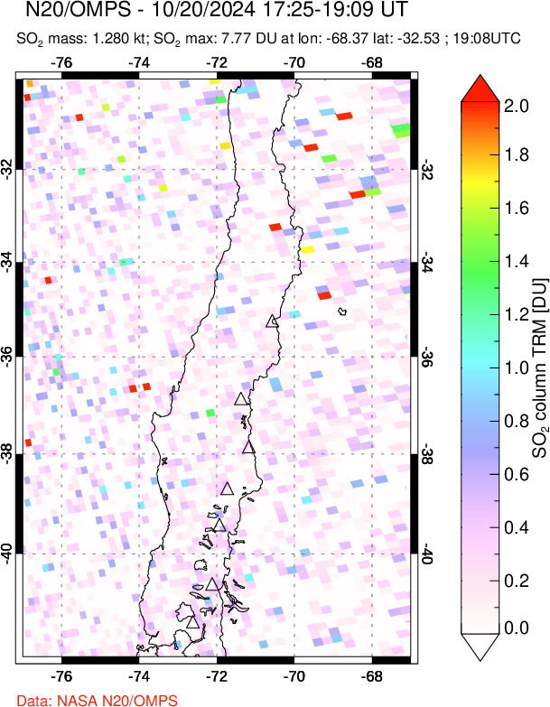 A sulfur dioxide image over Central Chile on Oct 20, 2024.