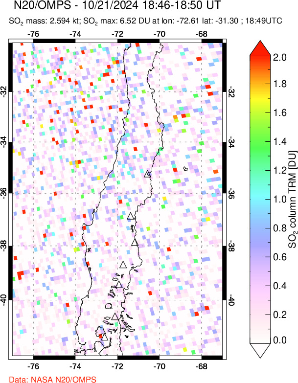 A sulfur dioxide image over Central Chile on Oct 21, 2024.