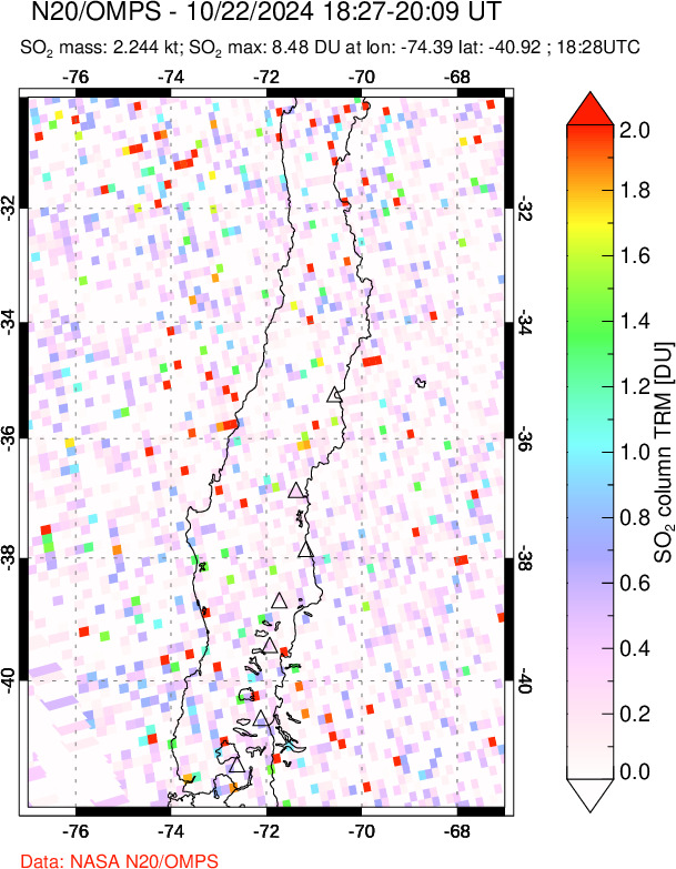 A sulfur dioxide image over Central Chile on Oct 22, 2024.