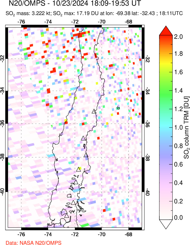 A sulfur dioxide image over Central Chile on Oct 23, 2024.