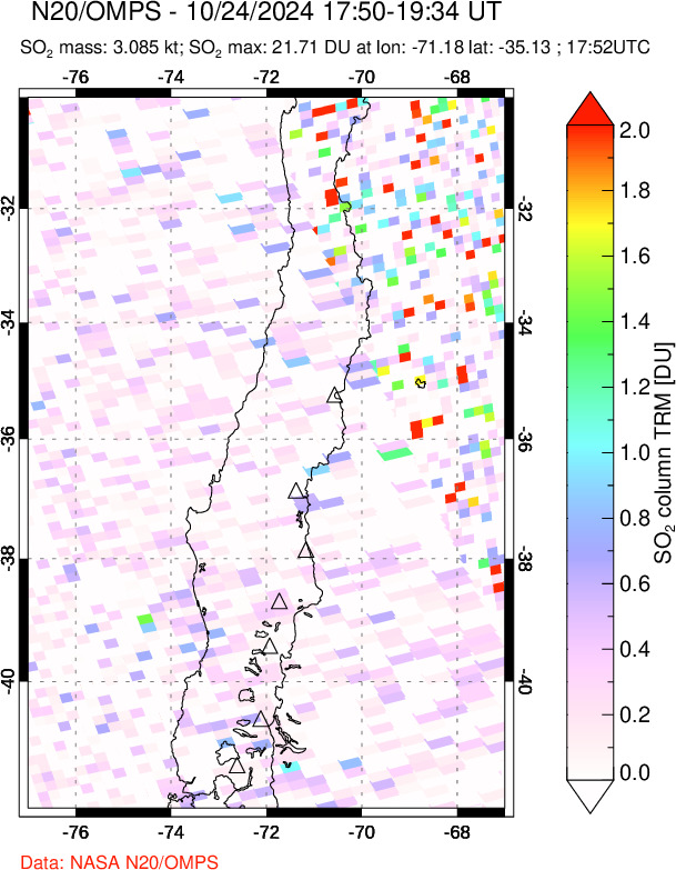 A sulfur dioxide image over Central Chile on Oct 24, 2024.