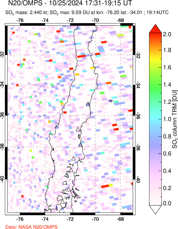 A sulfur dioxide image over Central Chile on Oct 25, 2024.