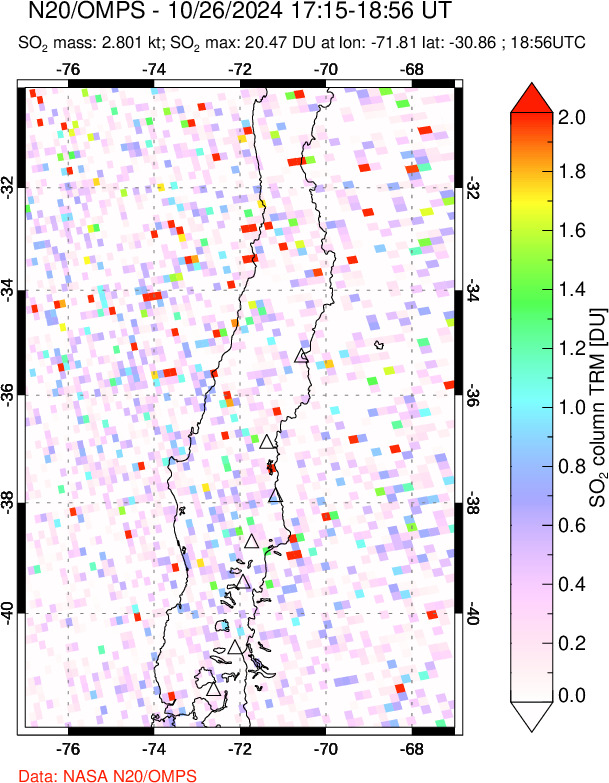 A sulfur dioxide image over Central Chile on Oct 26, 2024.