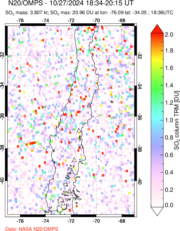 A sulfur dioxide image over Central Chile on Oct 27, 2024.