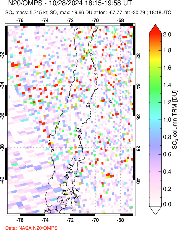 A sulfur dioxide image over Central Chile on Oct 28, 2024.