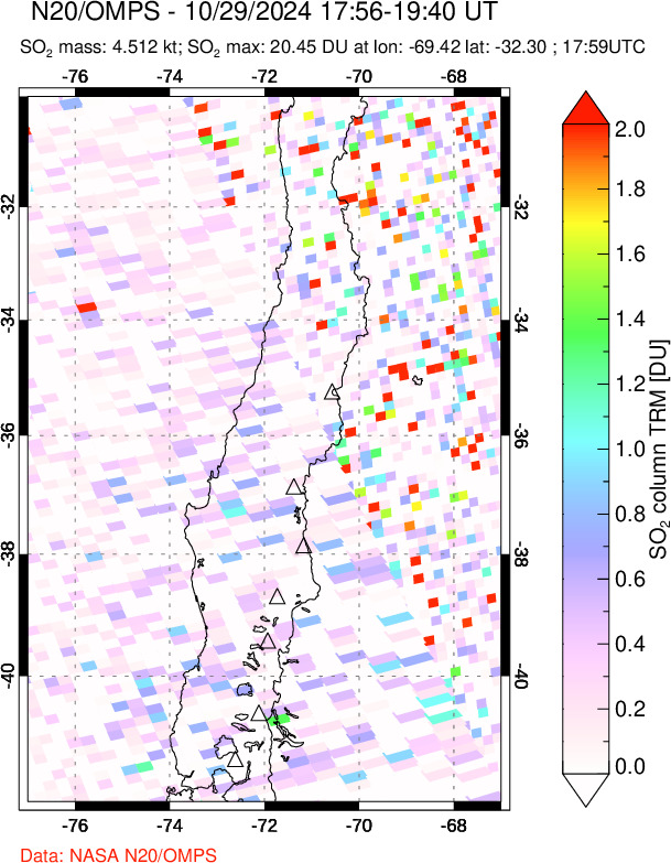 A sulfur dioxide image over Central Chile on Oct 29, 2024.