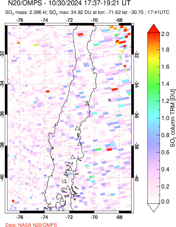 A sulfur dioxide image over Central Chile on Oct 30, 2024.