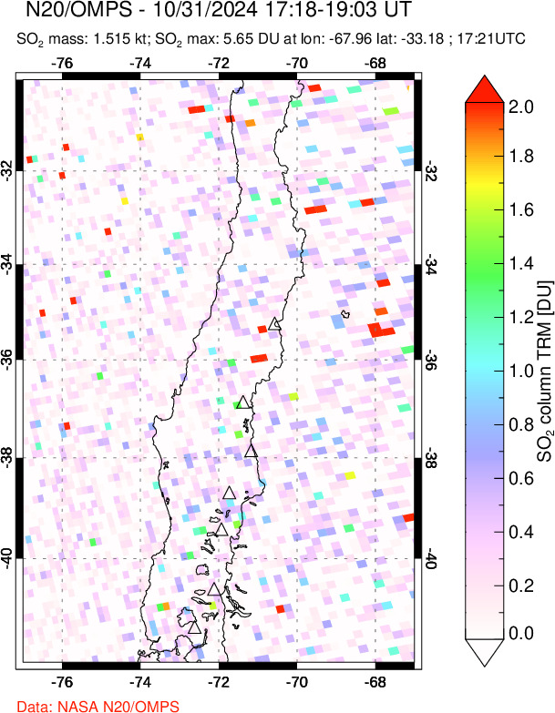 A sulfur dioxide image over Central Chile on Oct 31, 2024.