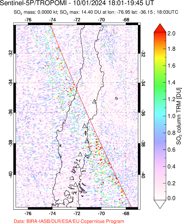 A sulfur dioxide image over Central Chile on Oct 01, 2024.