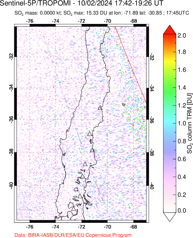 A sulfur dioxide image over Central Chile on Oct 02, 2024.