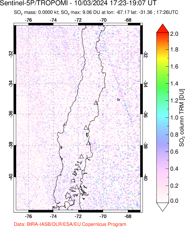 A sulfur dioxide image over Central Chile on Oct 03, 2024.