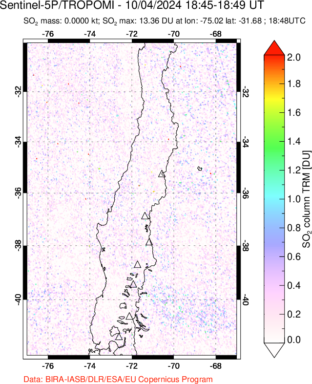 A sulfur dioxide image over Central Chile on Oct 04, 2024.