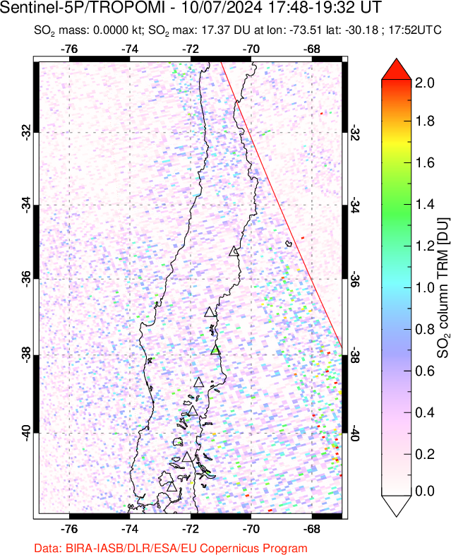 A sulfur dioxide image over Central Chile on Oct 07, 2024.