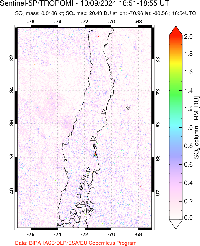 A sulfur dioxide image over Central Chile on Oct 09, 2024.