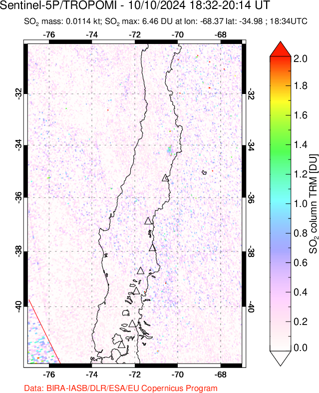 A sulfur dioxide image over Central Chile on Oct 10, 2024.