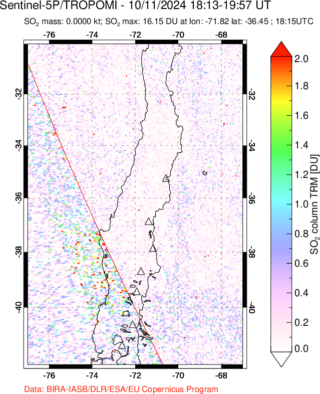 A sulfur dioxide image over Central Chile on Oct 11, 2024.