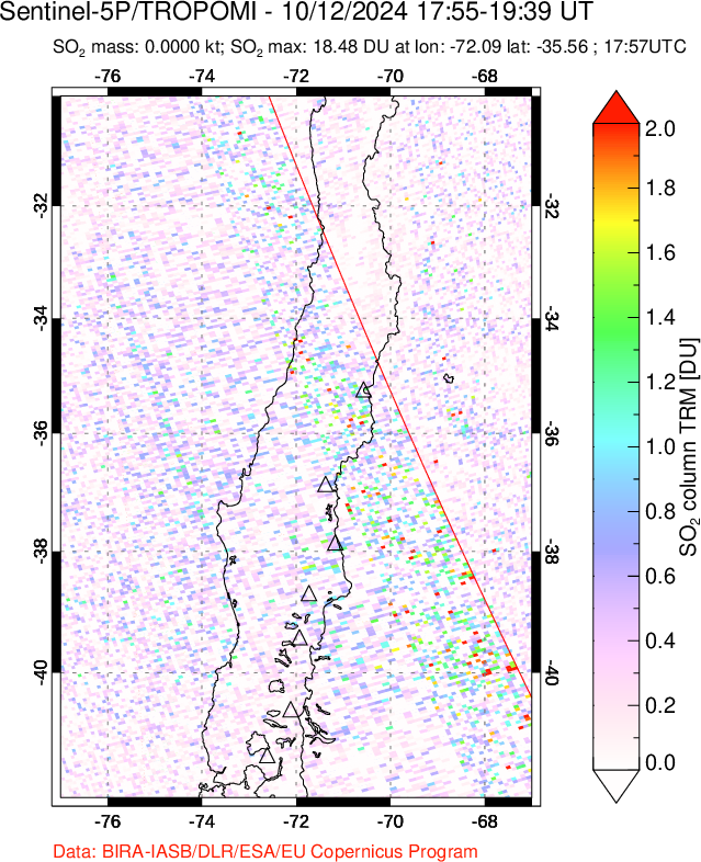 A sulfur dioxide image over Central Chile on Oct 12, 2024.