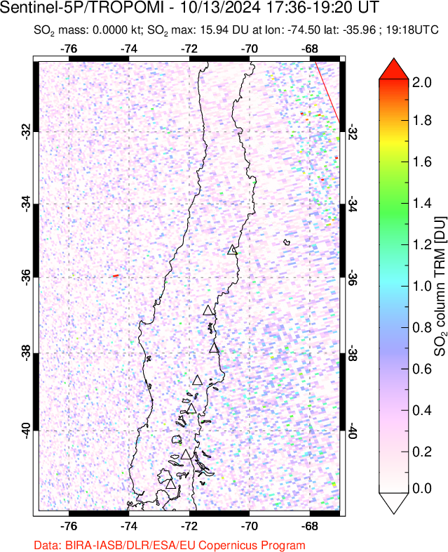 A sulfur dioxide image over Central Chile on Oct 13, 2024.