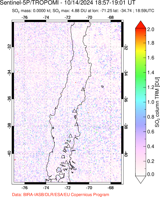 A sulfur dioxide image over Central Chile on Oct 14, 2024.