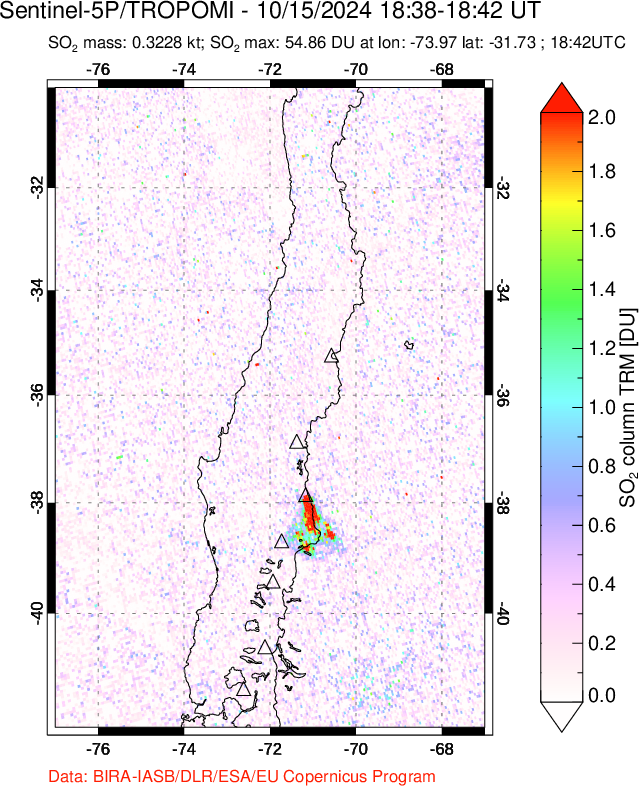 A sulfur dioxide image over Central Chile on Oct 15, 2024.