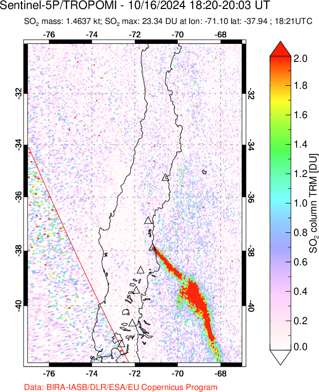 A sulfur dioxide image over Central Chile on Oct 16, 2024.