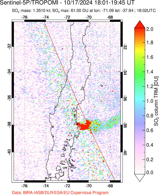 A sulfur dioxide image over Central Chile on Oct 17, 2024.