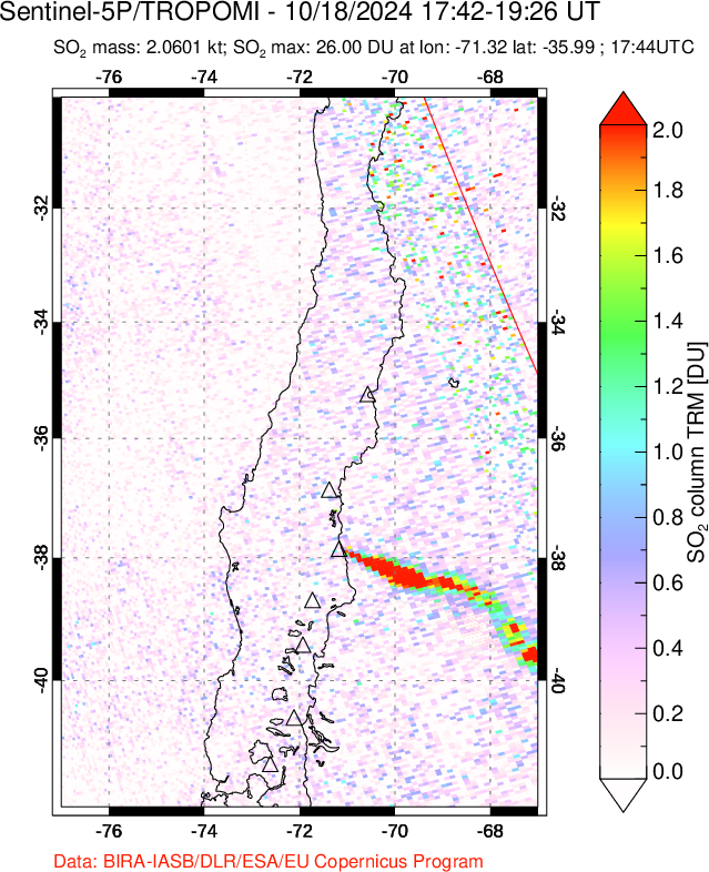 A sulfur dioxide image over Central Chile on Oct 18, 2024.