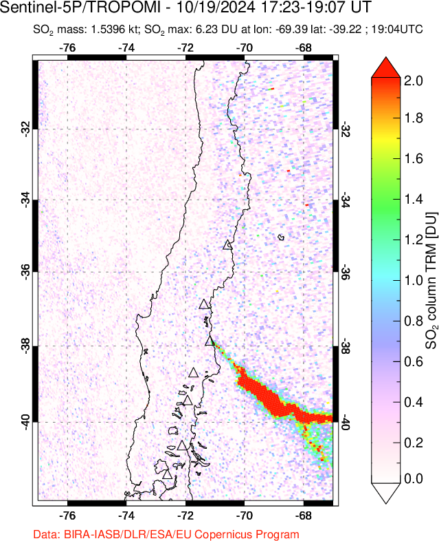 A sulfur dioxide image over Central Chile on Oct 19, 2024.