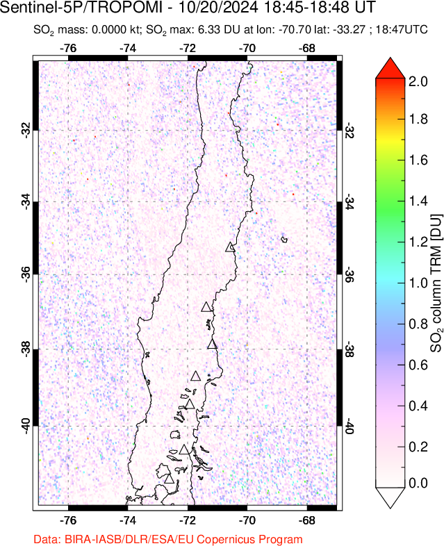 A sulfur dioxide image over Central Chile on Oct 20, 2024.