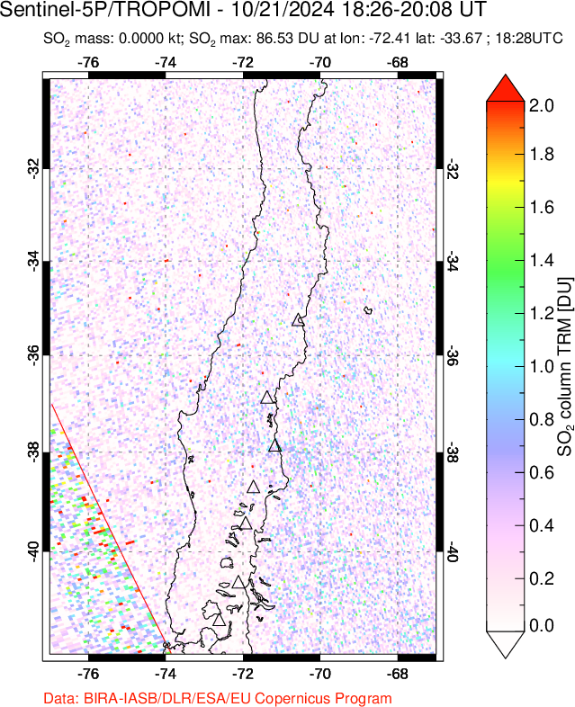 A sulfur dioxide image over Central Chile on Oct 21, 2024.