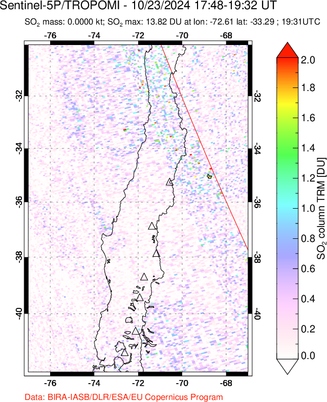 A sulfur dioxide image over Central Chile on Oct 23, 2024.